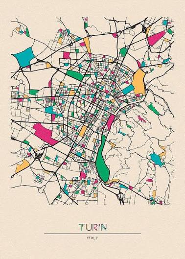 Street map of Turin on cream paper: the Roman grid at the centre, the Po curving along the east, parks and quarters picked out in colour.